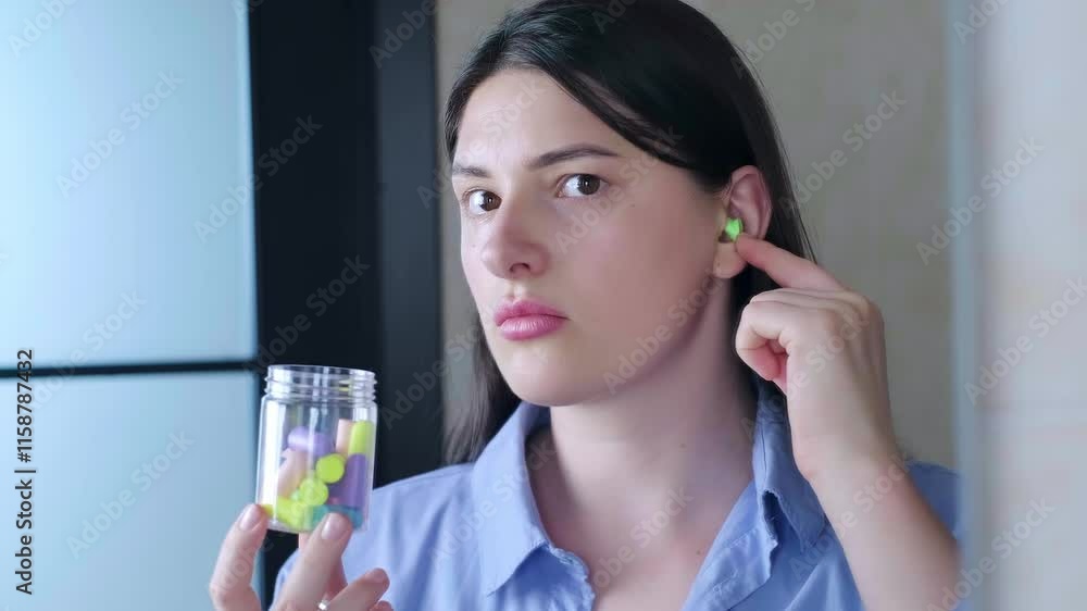Girl inserting earplugs before sleep for protection from loud noises, improving sleep quality. Girl inserting earplugs before sleep for protection from loud noises, improving sleep quality.