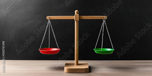 A balanced scale with red and green bowls, symbolizing fairness and justice in decision-making or weighing options. photo