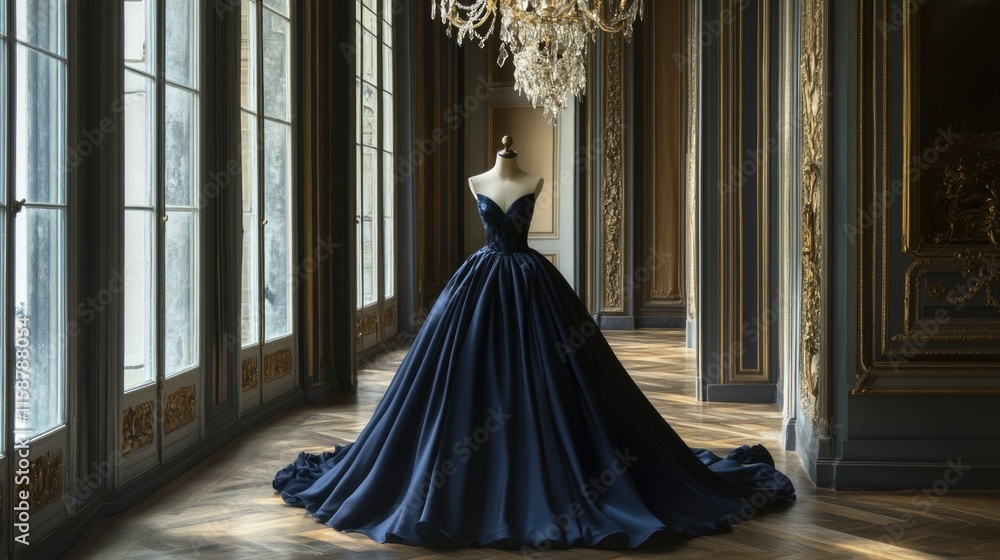 Deep blue evening dress with a fitted bodice and a dramatic train, styled for a sophisticated event. Deep blue evening dress with a fitted bodice and a dramatic train, styled for a sophisticated event.