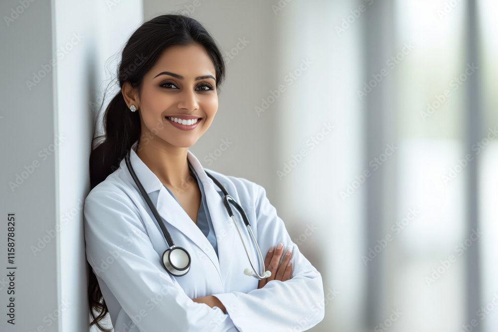 Portrait of smiling indian female doctor standing in hospital corridor Portrait of smiling indian female doctor standing in hospital corridor