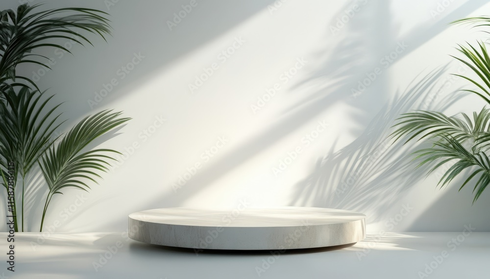 Minimalist White Platform with Palm Leaf Shadows Product Display Mockup Minimalist White Platform with Palm Leaf Shadows Product Display Mockup