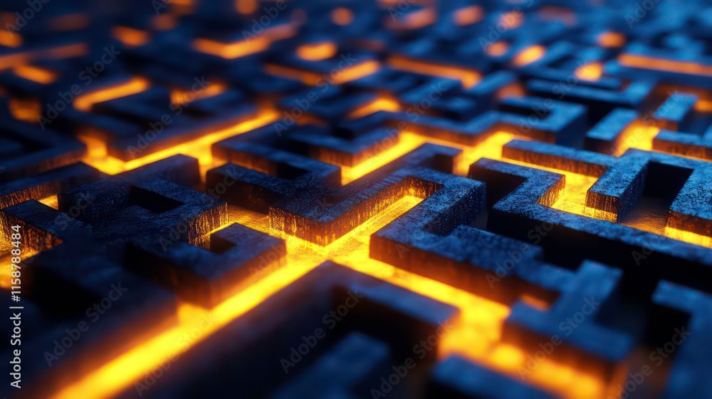 Glowing orange lines illuminate a complex dark maze. Glowing orange lines illuminate a complex dark maze.