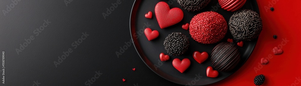Obraz premium Assorted Chocolate Treats on a Decorative Plate with Hearts for Valentine's Day Celebration