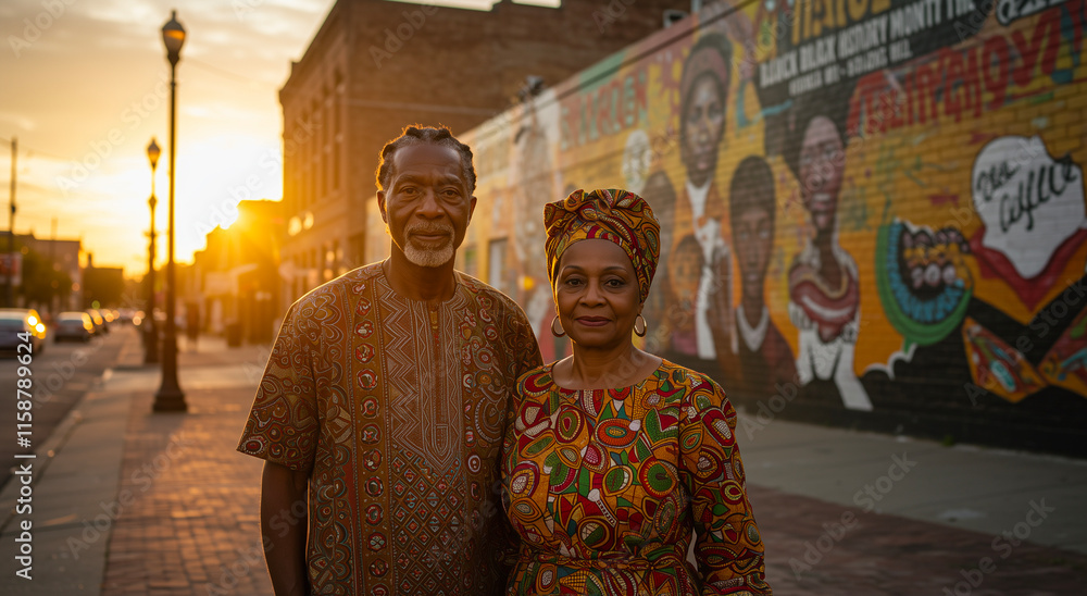 Fototapeta premium Senior African couple, portrait on street with mural, love and community concept. Ethnic people, mature man and woman with happiness and culture outdoors for heritage or connection
