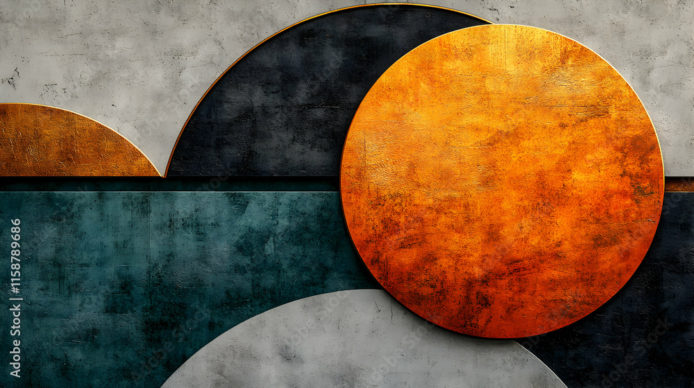 Abstract Geometric Art, Circles in Grey, Teal, and Gold, Beautifully arranged on a textured background. Abstract Geometric Art, Circles in Grey, Teal, and Gold, Beautifully arranged on a textured background.