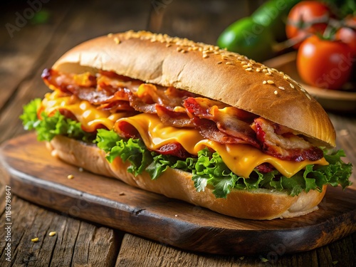 Savory bacon & cheese sub.  Mouthwatering close-up detail. photo