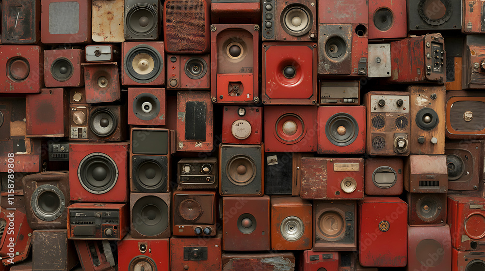 Obraz premium Vintage Audio Equipment Wall, A Retro Red Symphony of Speakers and Receivers, Beautifully Arranged