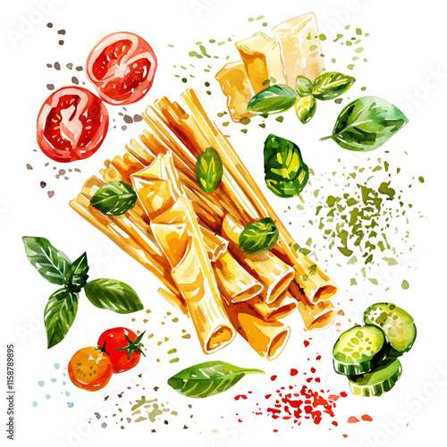 A watercolor painting of Italian pasta primavera with fresh vegetables, isolated on a white background. Pasta vector.
