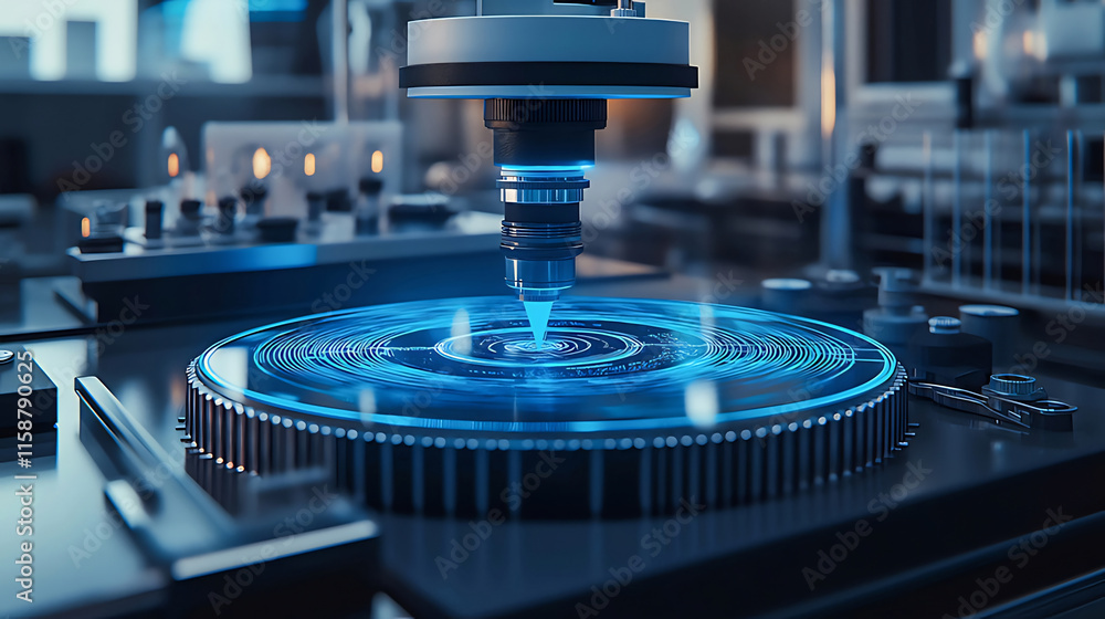 Futuristic robotic arm precisely manipulating a glowing circular disc. Futuristic robotic arm precisely manipulating a glowing circular disc.