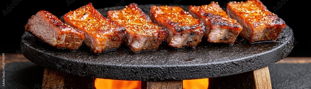 Sizzling Grilled Meat Strips Served on a Hot Stone with Caramelized Marinade and Glow Sizzling Grilled Meat Strips Served on a Hot Stone with Caramelized Marinade and Glow