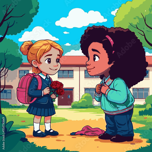 "A Gesture of Kindness" Two girls stand facing each other, the school girl by seeing the poor girl who sell roses tries to warm herself so school girl  takes her roses and gave her sweater.