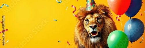 Lion celebrating a festive occasion with balloons and a party hat in a vibrant yellow backdrop photo