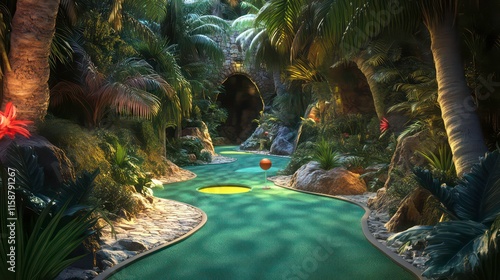 Lush tropical indoor mini golf course with winding green path, palm trees, and a cave. photo