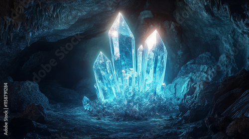 glowing crystal formation in dark cave creates mystical atmosphere