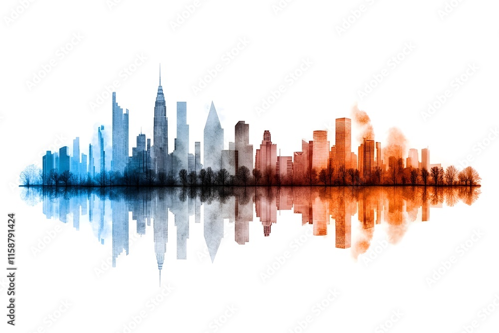 Abstract City Skyline Reflection in Orange and Blue Watercolor Style Abstract City Skyline Reflection in Orange and Blue Watercolor Style