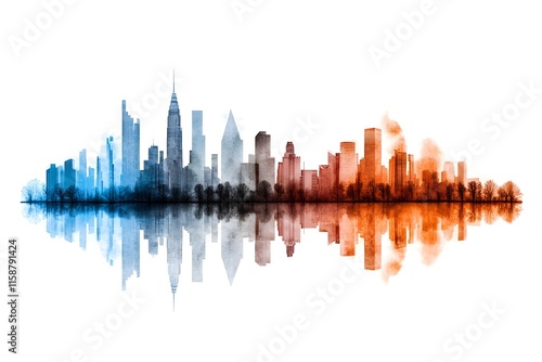 Wallpaper Mural Abstract City Skyline Reflection in Orange and Blue Watercolor Style Torontodigital.ca