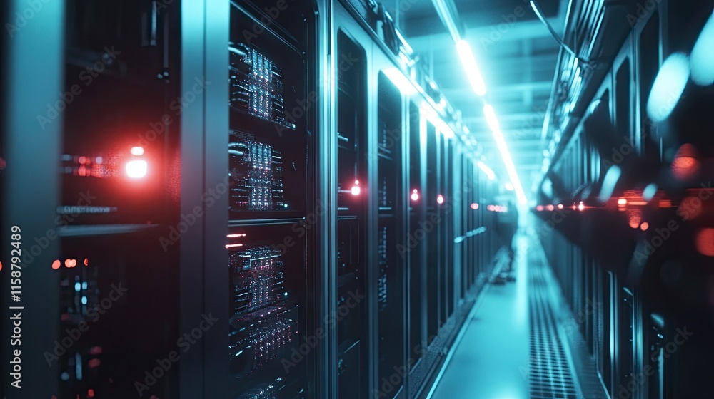 Fototapeta premium Massive battery cell stacking machines operating under bright factory lights, showcasing high-tech precision.