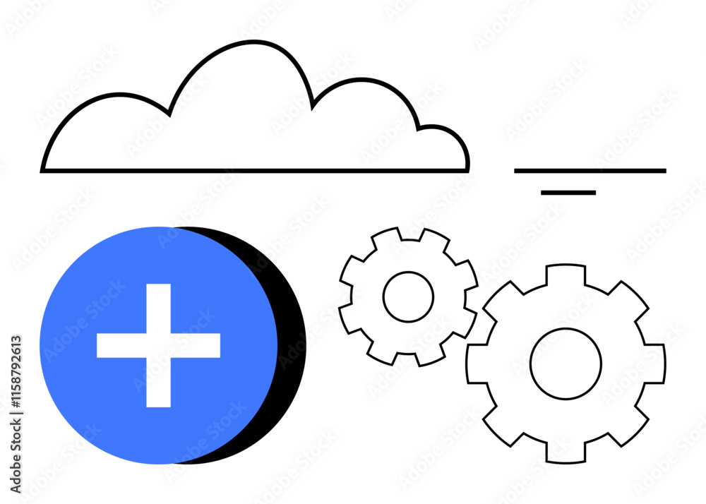 Obraz premium Cloud shape with two gears, blue circle with plus sign, and parallel lines. Ideal for tech services, cloud computing, system integration, IT development, application setup, engineering innovation