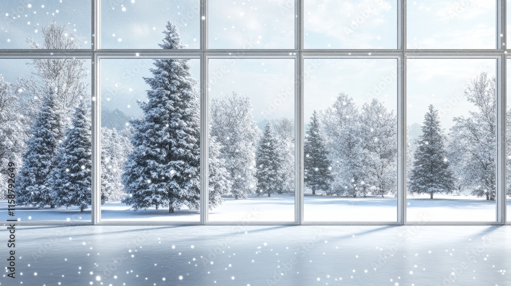 Fototapeta premium Modern residential window view of snowy background,christmas tree and gift boxes.Snowy glittering winter landscape with space for products and decorations,Happy christmas time,snowfall.