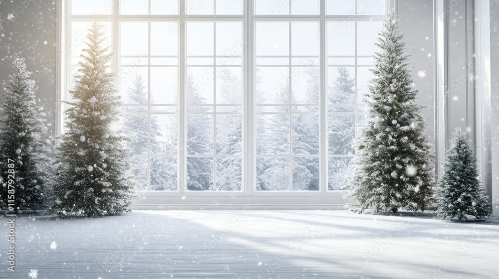 Fototapeta premium Modern residential window view of snowy background,christmas tree and gift boxes.Snowy glittering winter landscape with space for products and decorations,Happy christmas time,snowfall.