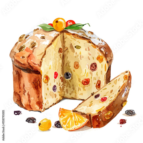 A watercolor illustration of Italian panettone with dried fruit, isolated on a white background. Dessert vector.
