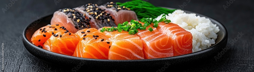 Freshly Prepared Sushi Slices on Black Plate with Rice and Garnish for Asian Cuisine Freshly Prepared Sushi Slices on Black Plate with Rice and Garnish for Asian Cuisine