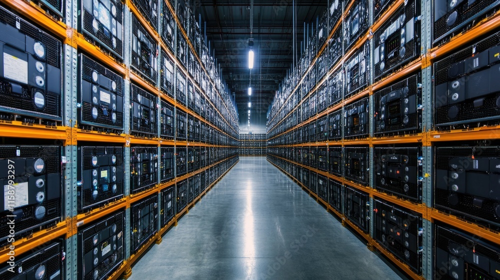 Massive storage racks filled with completed battery modules ready for distribution in an organized warehouse. Massive storage racks filled with completed battery modules ready for distribution in an organized warehouse.