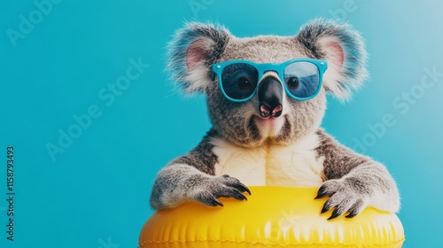 Cute Koala With Sunglasses, Inflatable Swimming Ring, Bright Blue Background, Fun Animal Portrait, Summer Vibes