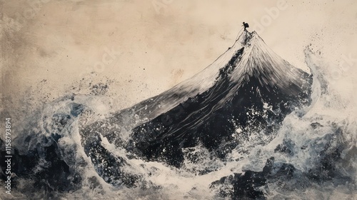 Dramatic artwork of a mountain engulfed by powerful ocean waves, with a lone figure on the peak. photo