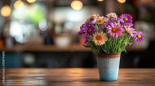 vibrant bouquet of colorful flowers in rustic pot on wooden table
