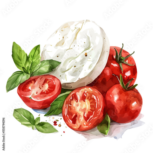 A watercolor vector of Italian mozzarella di bufala with tomatoes, isolated on a white background. Cheese vector.
