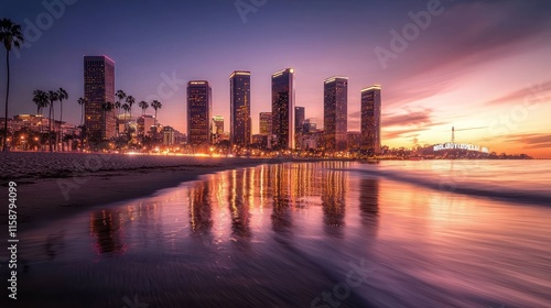 Wallpaper Mural Coastal city skyline at sunset, reflected in tranquil ocean. Torontodigital.ca