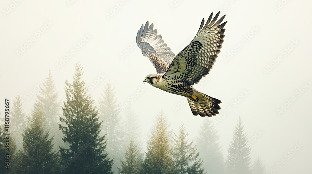 Fototapeta premium majestic falcon soaring gracefully over misty forest landscape