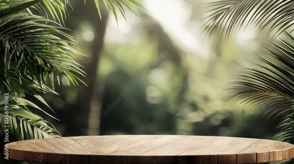 Wooden table in lush tropical setting. Wooden table in lush tropical setting.