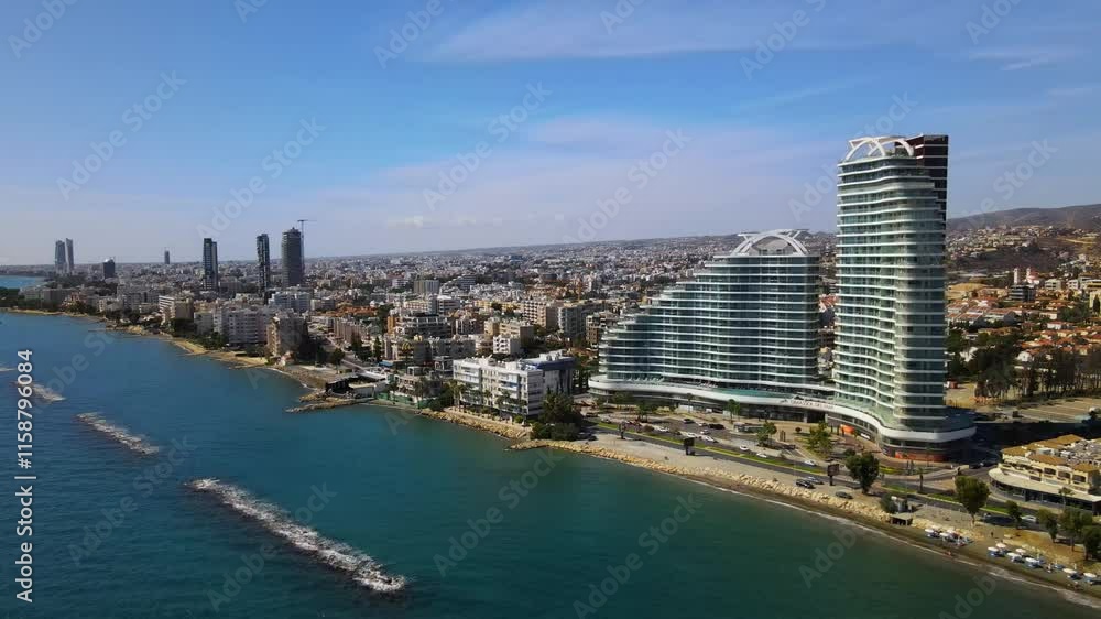 Aerial view of Limassol on a clear day. Majestic view of the most beautiful creation of man. Over Limassol, Cyprus. Aerial view of the modern cityscape of Limassol with high-rise glass structures. Aerial view of Limassol on a clear day. Majestic view of the most beautiful creation of man. Over Limassol, Cyprus. Aerial view of the modern cityscape of Limassol with high-rise glass structures.