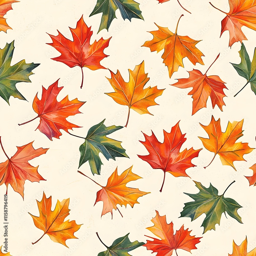 Seamless pattern featuring an array of fall leaves scattered across a clean white background Seamless pattern featuring an array of fall leaves scattered across a clean white background