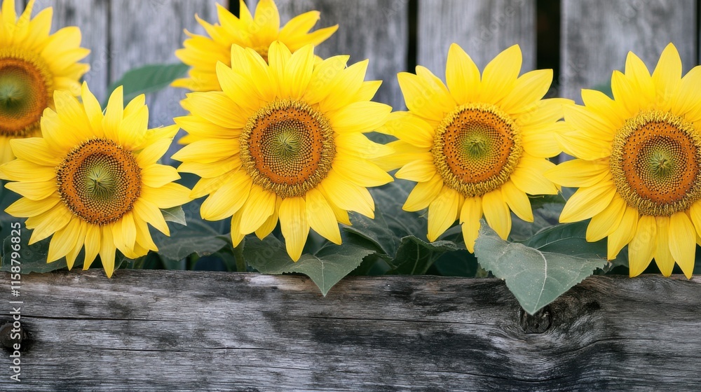 Obraz premium A close-up of vibrant yellow sunflowers against a rustic wooden fence, diagonal shot, Countryside style