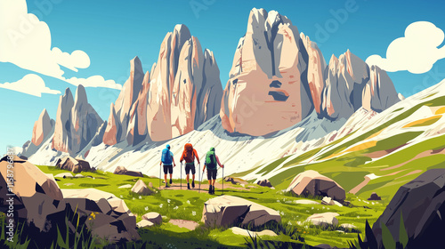 Illustration, Parco Naturale Tre Crime di Lavaredo in Italy, Drei Zinnen. touristic advertisement poster. Hikers with Drei zinnen mountain in the background, Italian Dolomites, mountains. Outdoor adve photo