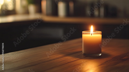 glowing candle on wooden table creates warm, inviting atmosphere