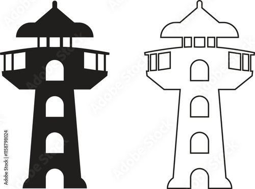 Lighthouse flat and outline icons set. Light house logos designs featuring tower vectors, representing maritime symbolism. Searchlight concept. Shore light beacon isolated on transparent background. photo