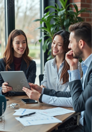corporate setting with professionals discussing stock market insights via tablet