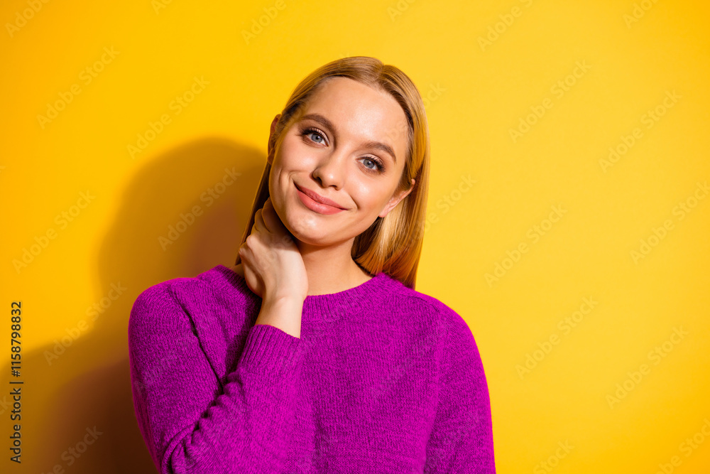 Close-up portrait of her she nice-looking cute attractive winsome lovable adorable cheerful cheery teen girl touching neck isolated over bright vivid shine orange background Close-up portrait of her she nice-looking cute attractive winsome lovable adorable cheerful cheery teen girl touching neck isolated over bright vivid shine orange background