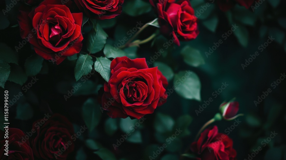 A cluster of deep red roses against a dark forest green background, close-up shot, Minimalist style A cluster of deep red roses against a dark forest green background, close-up shot, Minimalist style