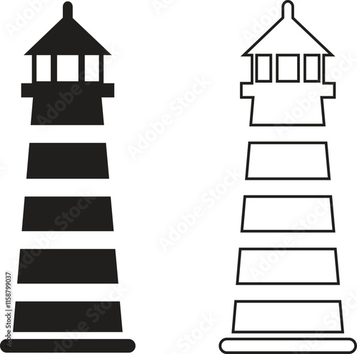 Lighthouse flat and outline icons set. Light house logos designs featuring tower vectors, representing maritime symbolism. Searchlight concept. Shore light beacon isolated on transparent background.