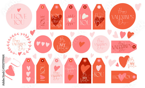 Vector Valentine's Day cards. Printable love stickers in red pink colors with hearts. Cute girlie gift tags. Collection of modern boho aesthetic printable wedding or ladies birthday typography designs