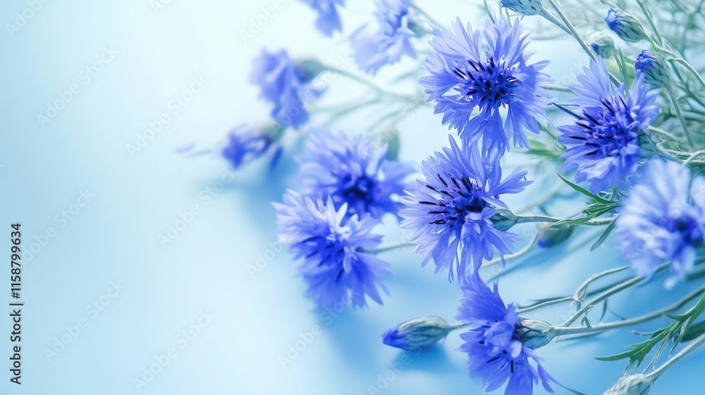 A cluster of delicate blue cornflowers on a soft sky blue background, natural close-up shot, Minimalist style A cluster of delicate blue cornflowers on a soft sky blue background, natural close-up shot, Minimalist style