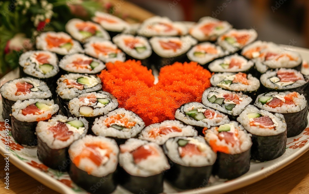 A platter of heart-shaped sushi rolls for valentines day A platter of heart-shaped sushi rolls for valentines day