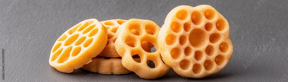 Sliced Fresh Lotus Root Stacked on a Dark Surface in a Close-Up View Sliced Fresh Lotus Root Stacked on a Dark Surface in a Close-Up View
