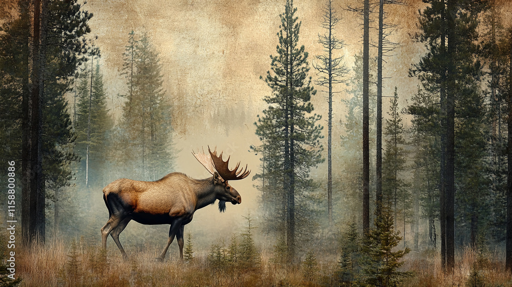 majestic moose wanders through serene forest landscape, surrounded by tall trees and mist majestic moose wanders through serene forest landscape, surrounded by tall trees and mist