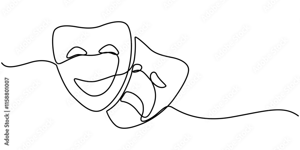 World theater day banner design, with character mask sketch, continuous one line drawing, vector illustration, Theater mask tragedy and humor one line continuous line art. Character mask sketch. World theater day banner design, with character mask sketch, continuous one line drawing, vector illustration, Theater mask tragedy and humor one line continuous line art. Character mask sketch.